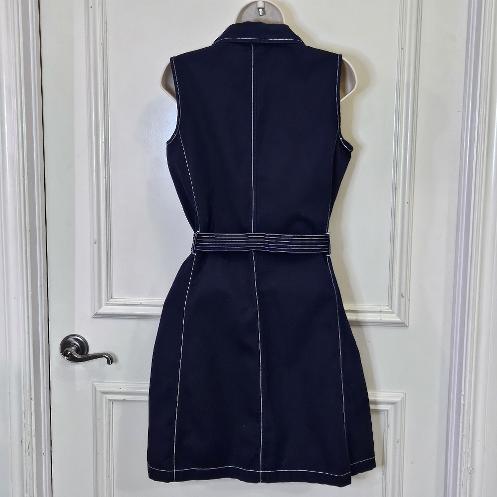 Isaac Mizrahi Navy Blue/White Trim Sleeveless Belted Button Front Dress, Medium - Picture 4 of 16